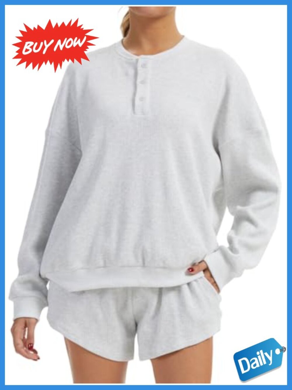 Women's Waffle Knit Lounge Shorts Set Oversized Henley 2 Piece